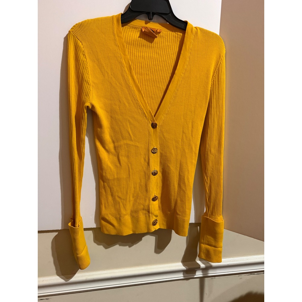 Tory Burch Yellow Ribbed Knit V-Neck Cardigan Logo Buttons Size M